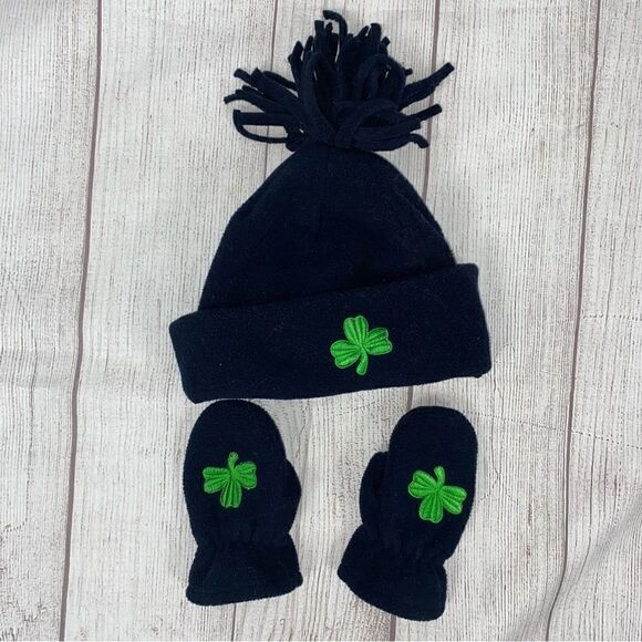 Toddler/baby shamrock fleece winter hat & mittens navy blue one size - Picture 1 of 9